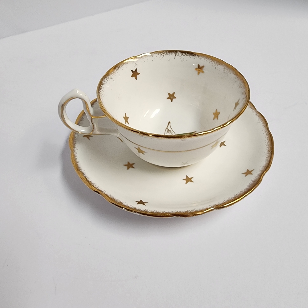 OES Royal Stafford Bone China Vintage Gold Star Teacup and Saucer Set